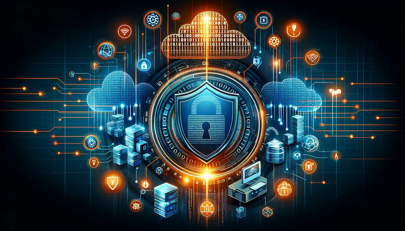 Futuristic image showcasing digital data security with locks, shields, binary code, and tech devices, symbolizing protection in digital transformation