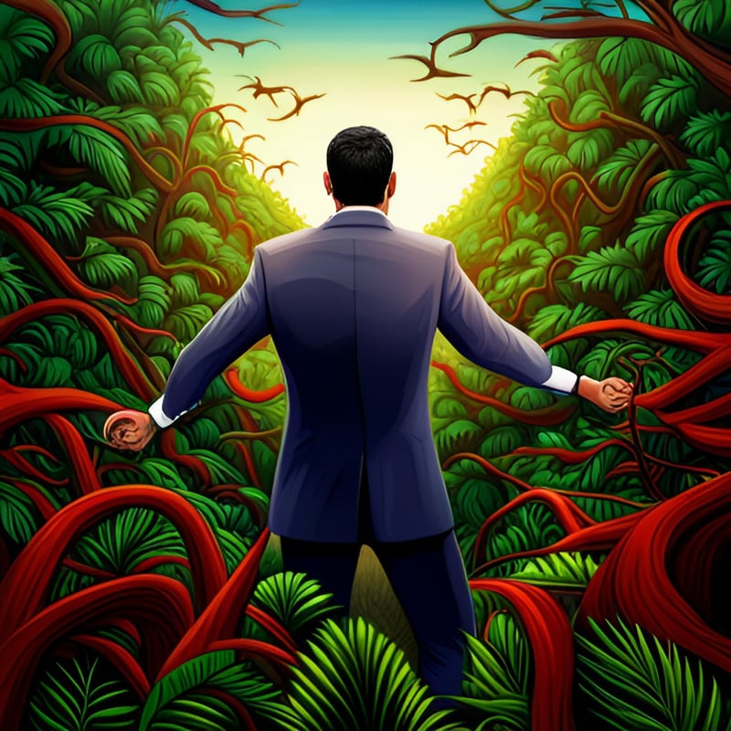 Photorealistic digital artwork featuring a business owner navigating through a dense, tangled jungle of branches and vines. 