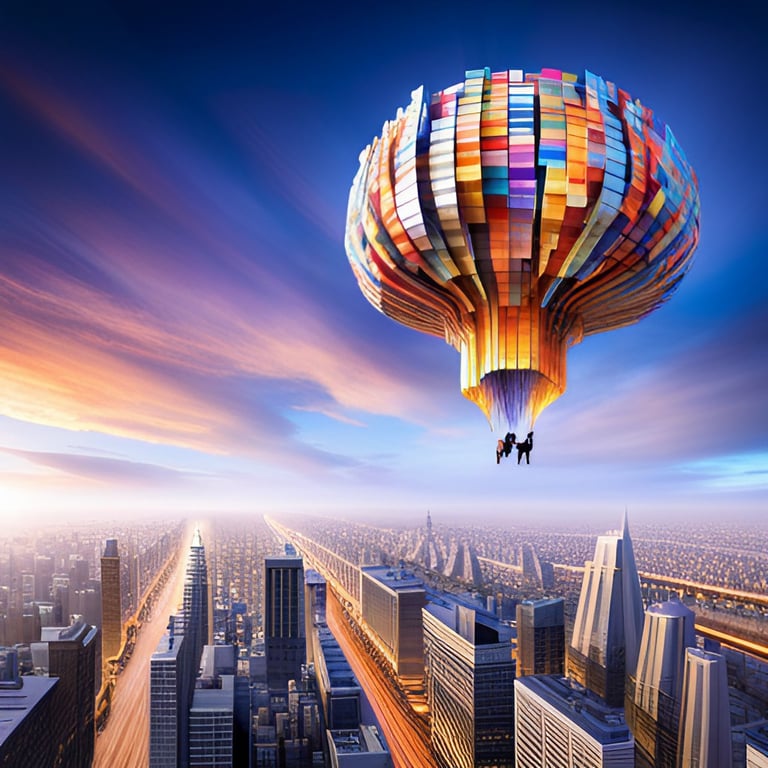 Digital hot air balloon floating over large city skyline